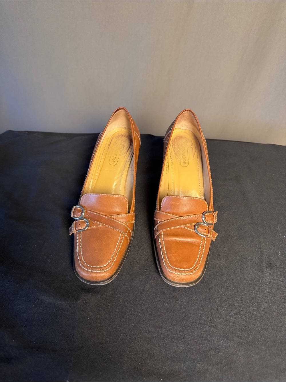 Coach Women's Brown Leather Loafers with Double Buckles